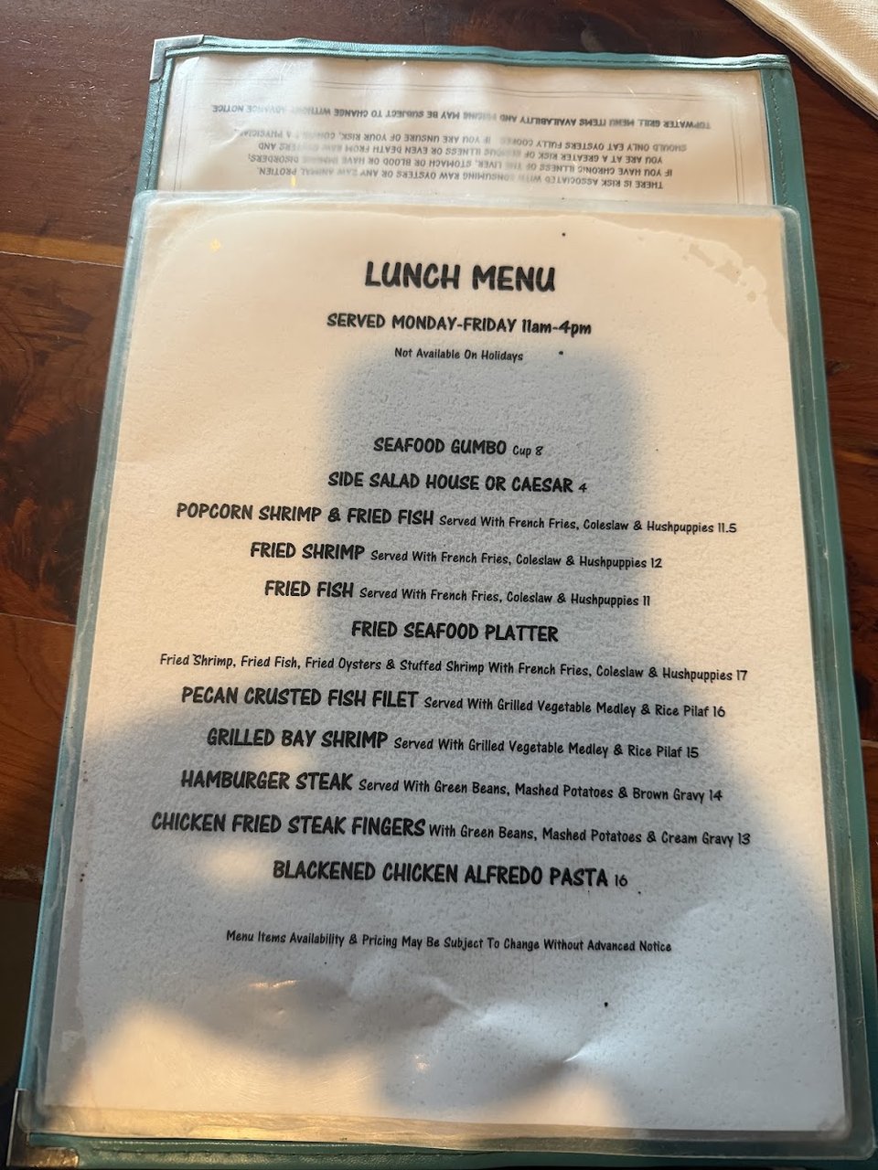 Menu page for seafood and grill dishes.