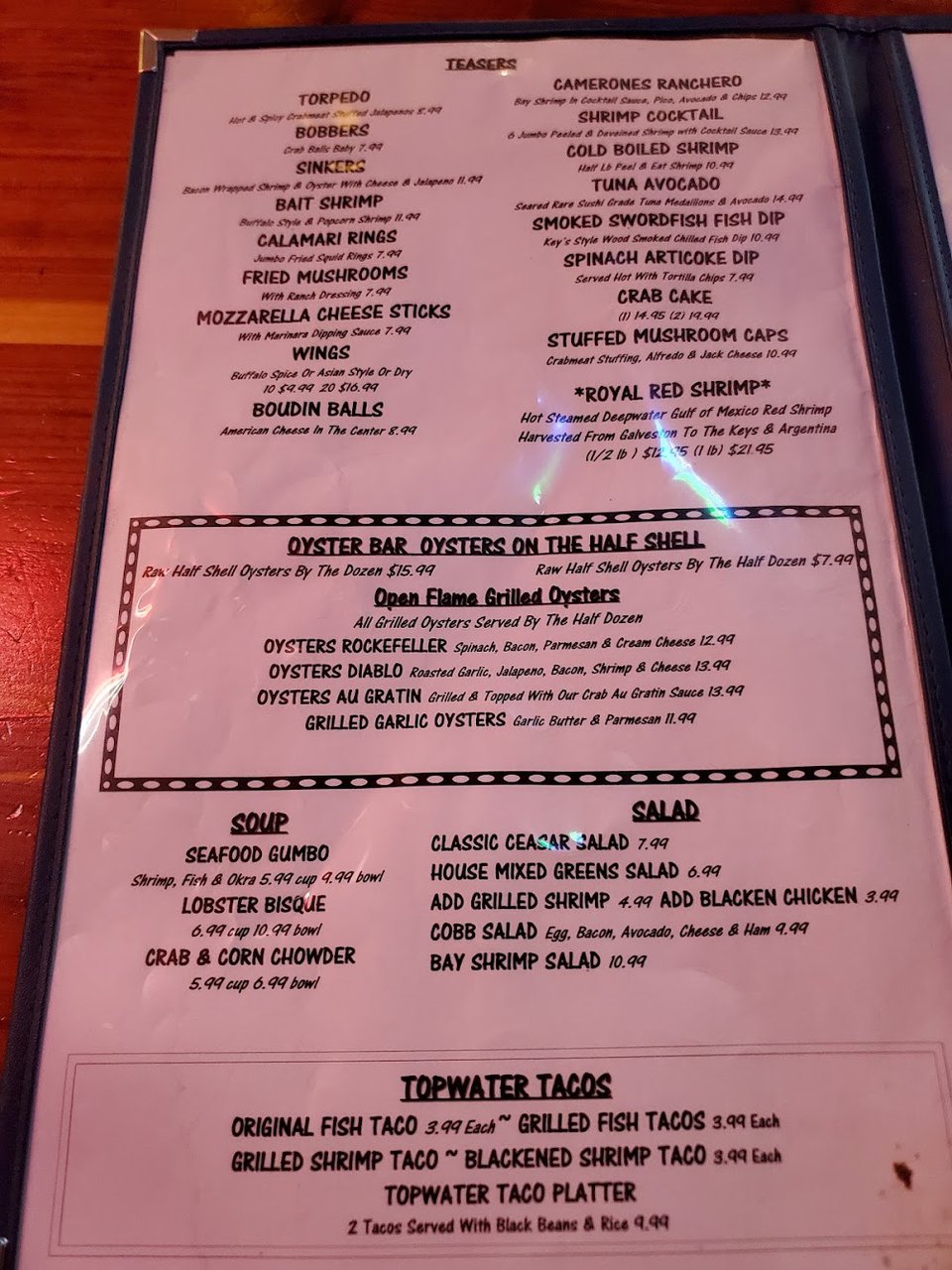 Menu layout for a casual waterfront eatery.